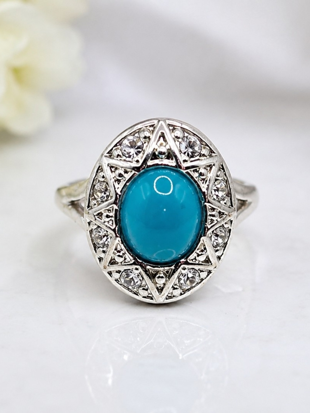 Sterling-Style Turquoise Oval Statement Ring - Silver